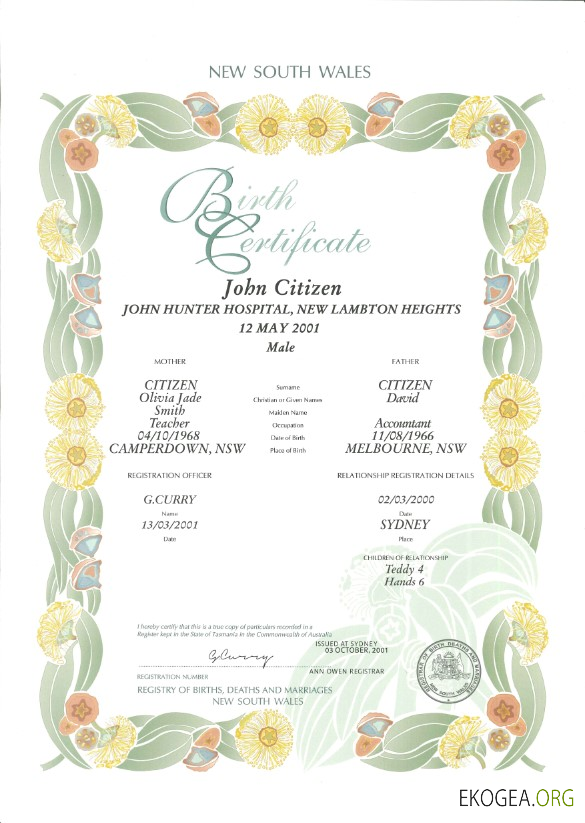 Modèle d'acte de naissance décoratif (commémoratif) Australie Nouvelle Galles du Sud au format PSD